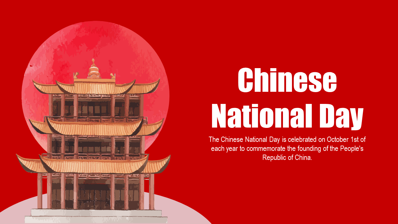 Illustration of a multi tiered pagoda in front of the sun on a red background, symbolizing Chinese National Day.