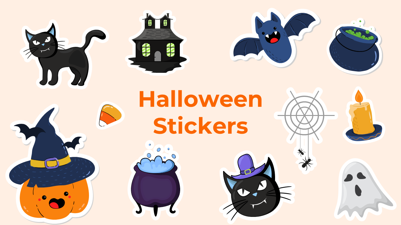 Playful Halloween sticker set showcasing spooky elements like a black cat, cauldron, bat, spider web, and haunted house.