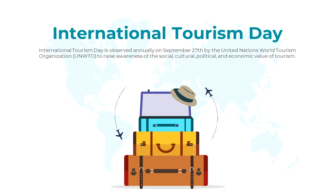 Slide celebrating international tourism day with displaying a colorful luggage stack and information on its importance.