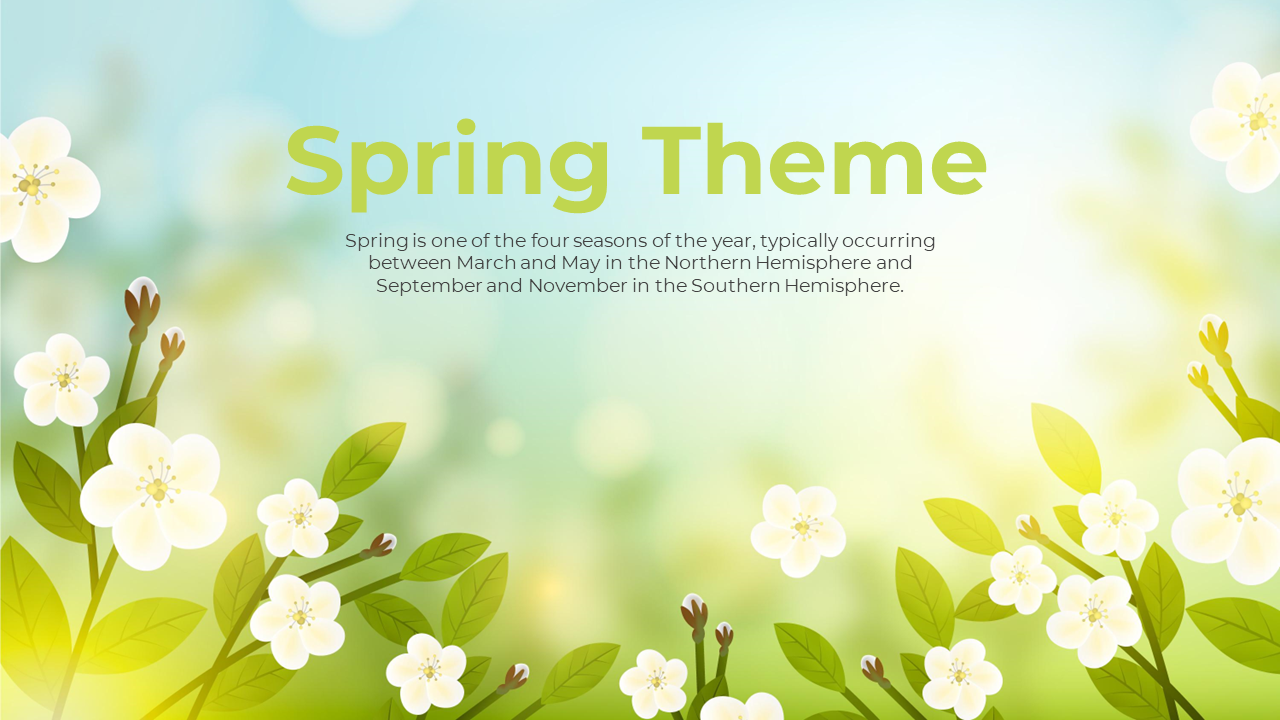 Spring themed slide with blossoming flowers and green leaves, featuring text about the spring season.