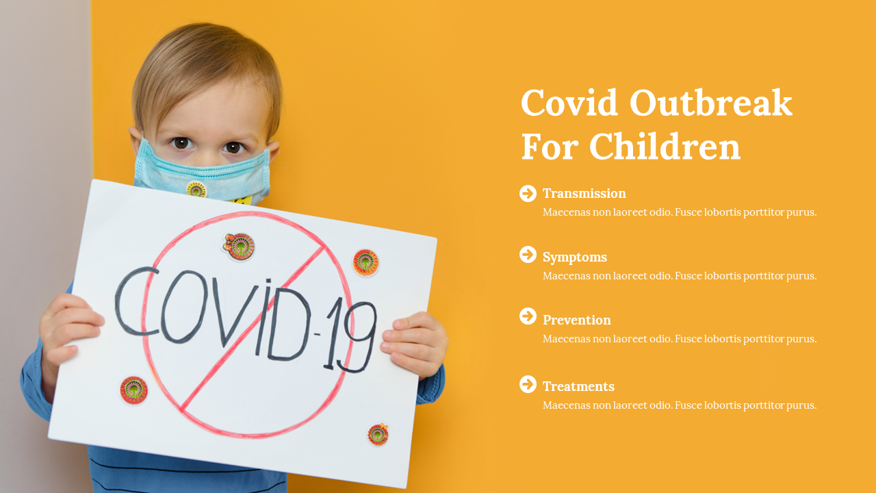 A child with a face mask holding a sign that reads COVID 19 with educational points on a yellow backdrop.