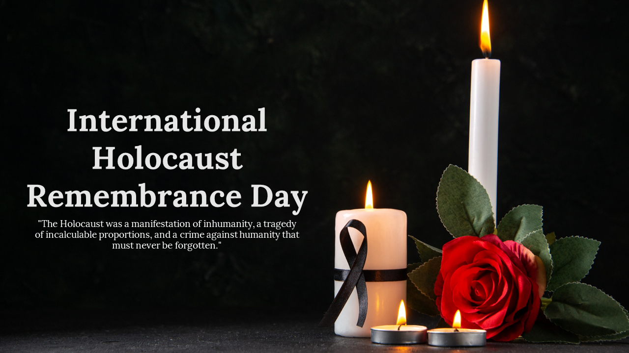 Holocaust remembrance day memorial slide with candles, a red rose, and a black ribbon, set against a dark background.