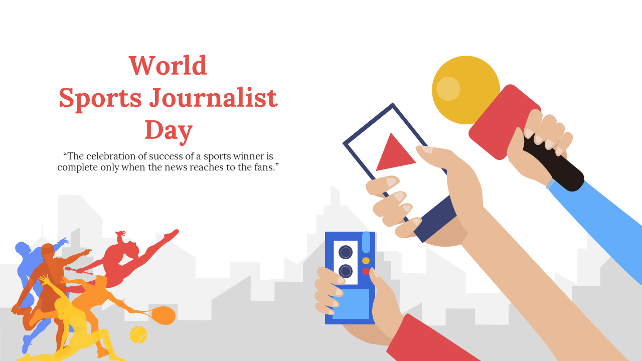 Illustration celebrating world sports journalist day, featuring hands holding a microphone, camera, and media device.