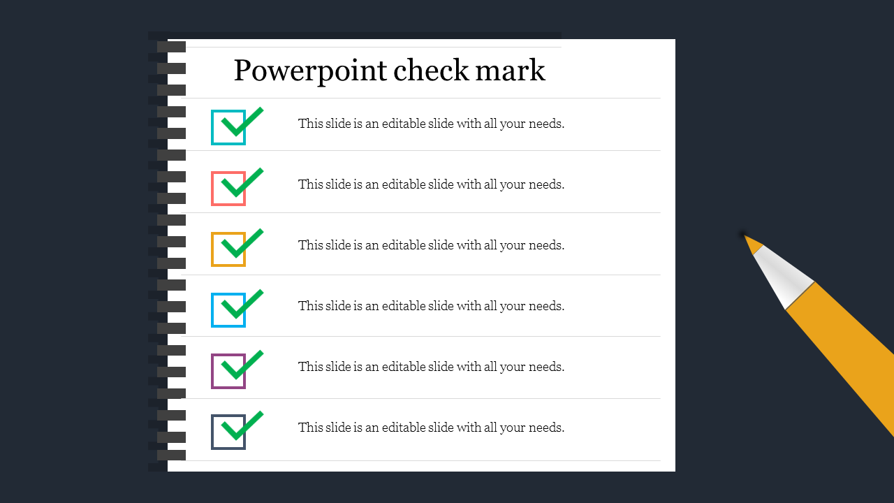 Checklist slide featuring colored check marks in six rows, each with placeholder text and a pencil graphic.