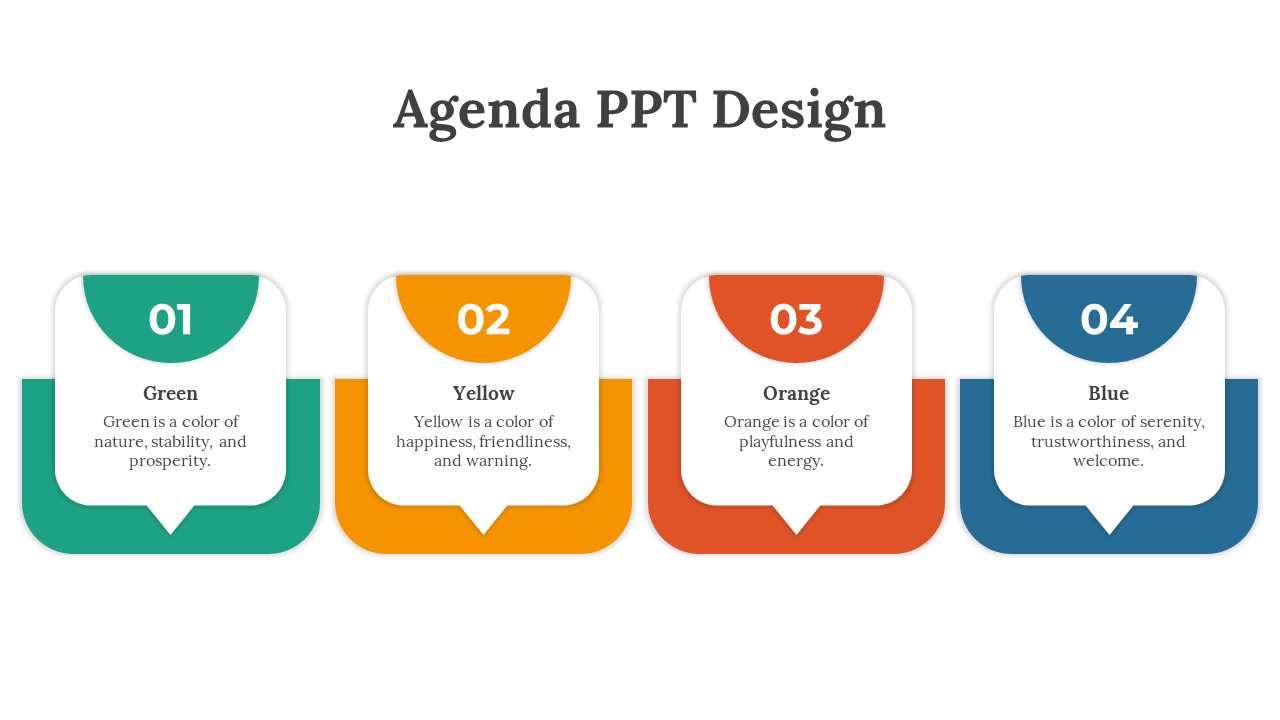 Agenda PPT slide with colorful boxes showcasing green, yellow, orange, and blue, each color with a descriptive meaning.