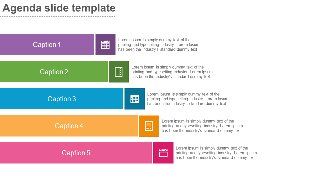 A colorful PowerPoint agenda slide with five sections, each featuring unique icons and captions.