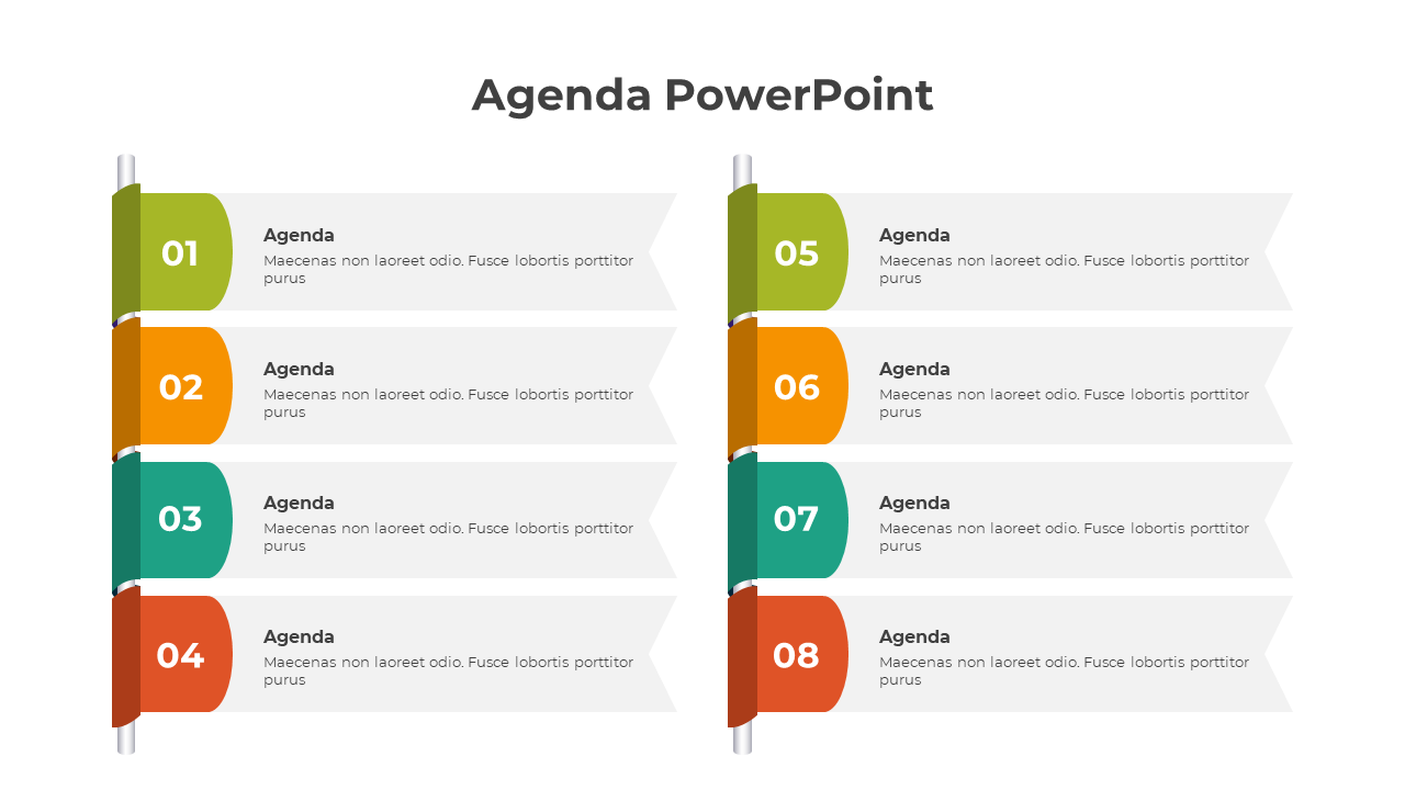 Agenda slide featuring a dual-column layout with labeled sections using bright color-coded tabs on a white background.