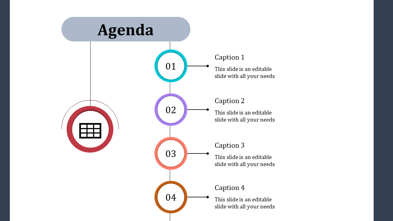 Agenda slide with four circular numbered sections, each accompanied by captions, in a vertical layout with text area.