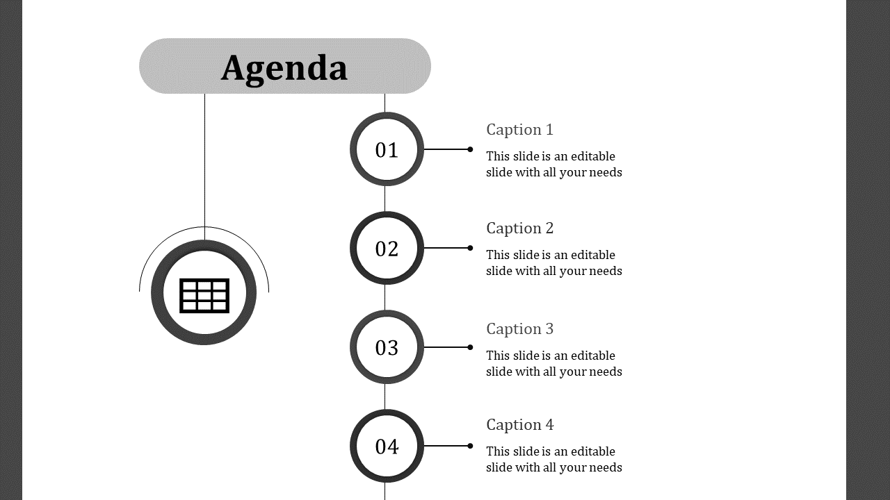 Stylish agenda design featuring a top header and a series of four connected circular placeholders text areas.