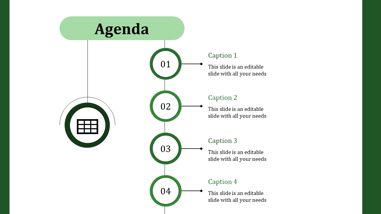 Minimalist agenda layout with a timeline of four green circles, each numbered, with captions areas on the right.