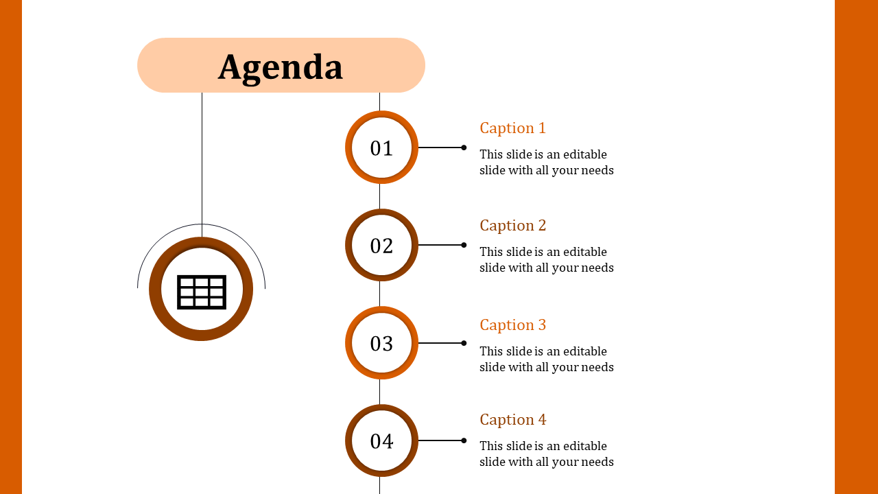 Agenda slide with orange circles, numbering from 01 to 04, connected vertically, and an icon above the list.