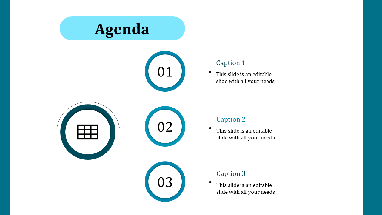 Agenda themed slide featuring three captions and a central graphic for clear presentation.