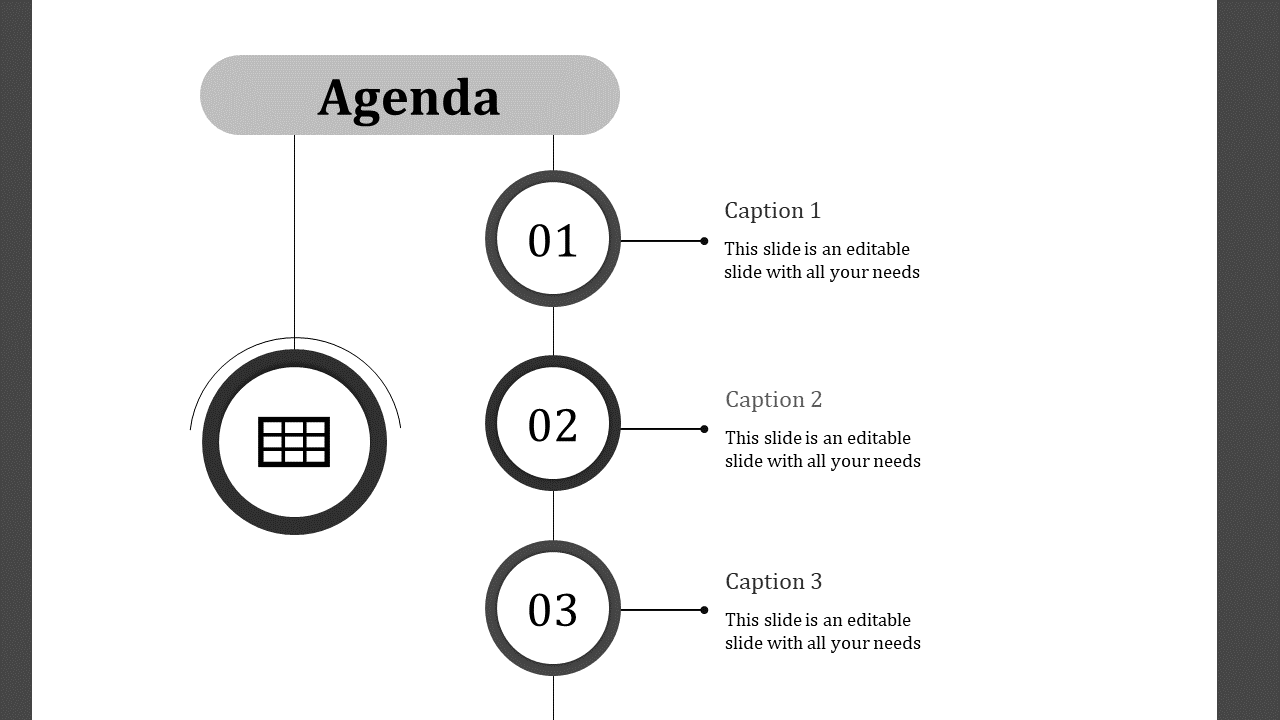 Agenda PPT slide featuring numbered steps with icons representing a table, calendar, and checklist with captions.