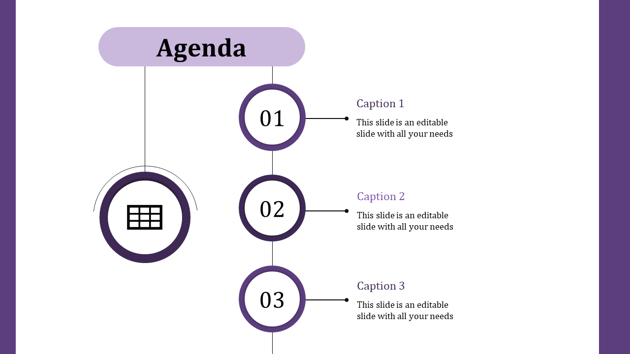 Vertical agenda layout with a purple header, three circular numbered icons, and captions aligned to the right.