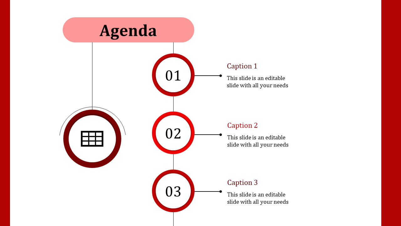 Red-themed agenda slide featuring a three-step vertical timeline with numbered circles and a calendar icon on the left.