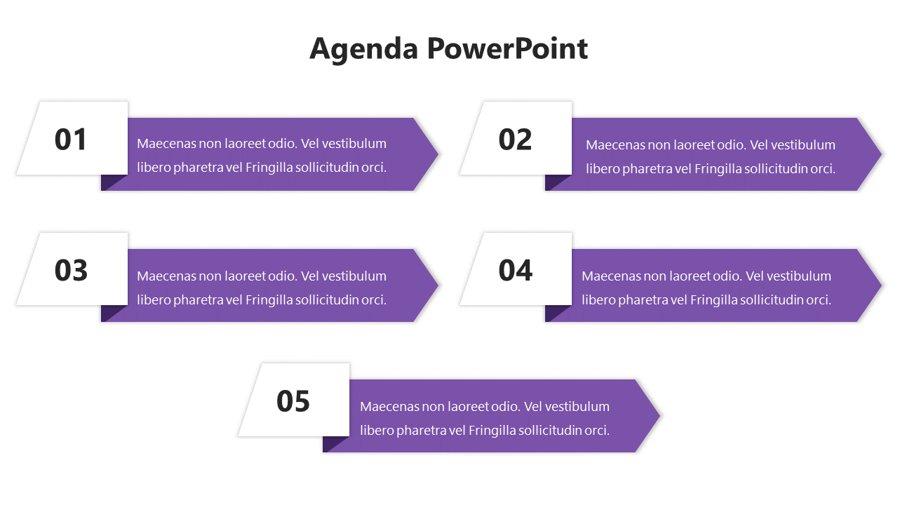 Agenda PowerPoint slide featuring five numbered sections with purple arrow shapes for clear organization.