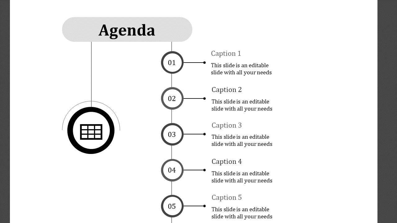 Agenda slide design showcasing five captions with a central icon and structured layout.