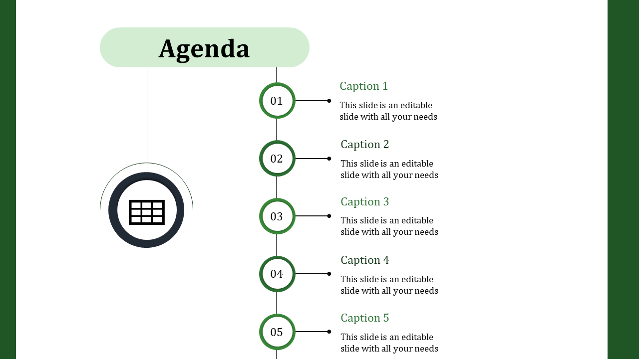 A PowerPoint agenda template with five numbered sections each section has a caption and placeholder text.