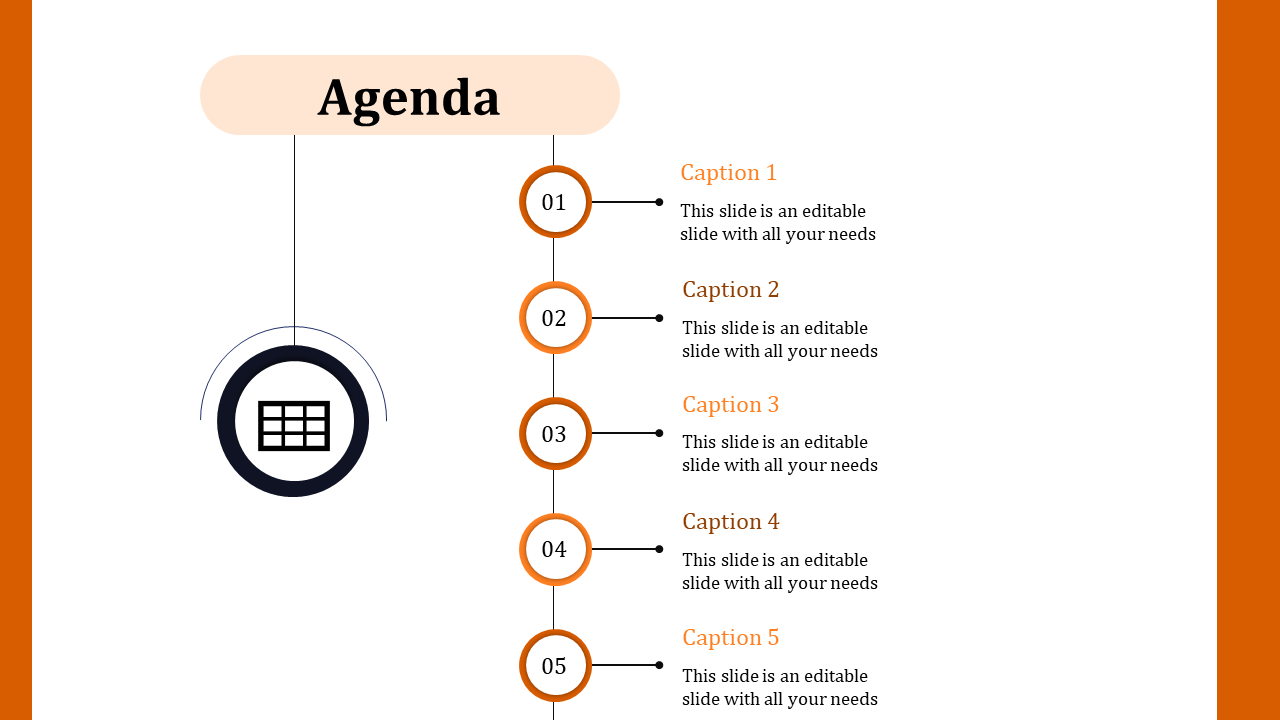 Slide featuring a vertical timeline agenda with five numbered captions with placeholder text.