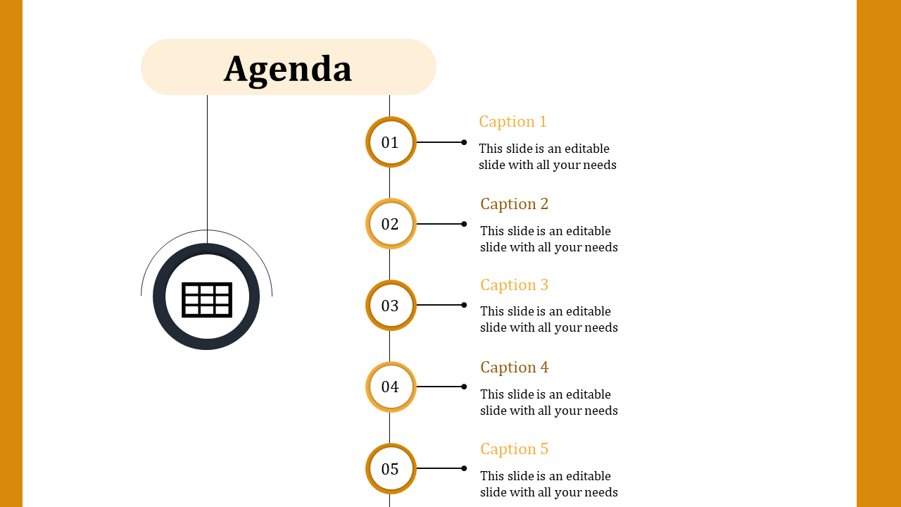 Vertical agenda layout with circles numbered 01 to 05, each connected to a caption on the right with yellow border.