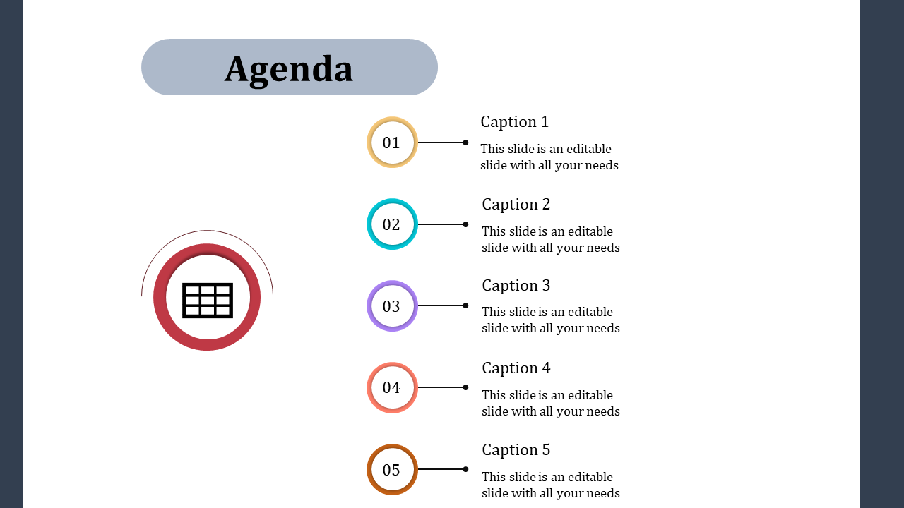 Slide featuring an agenda layout with numbered points for discussion topics and corresponding captions.