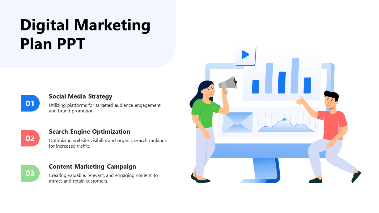 Digital marketing slide with numbered steps, an analytics chart on a monitor, and two characters collaborating.