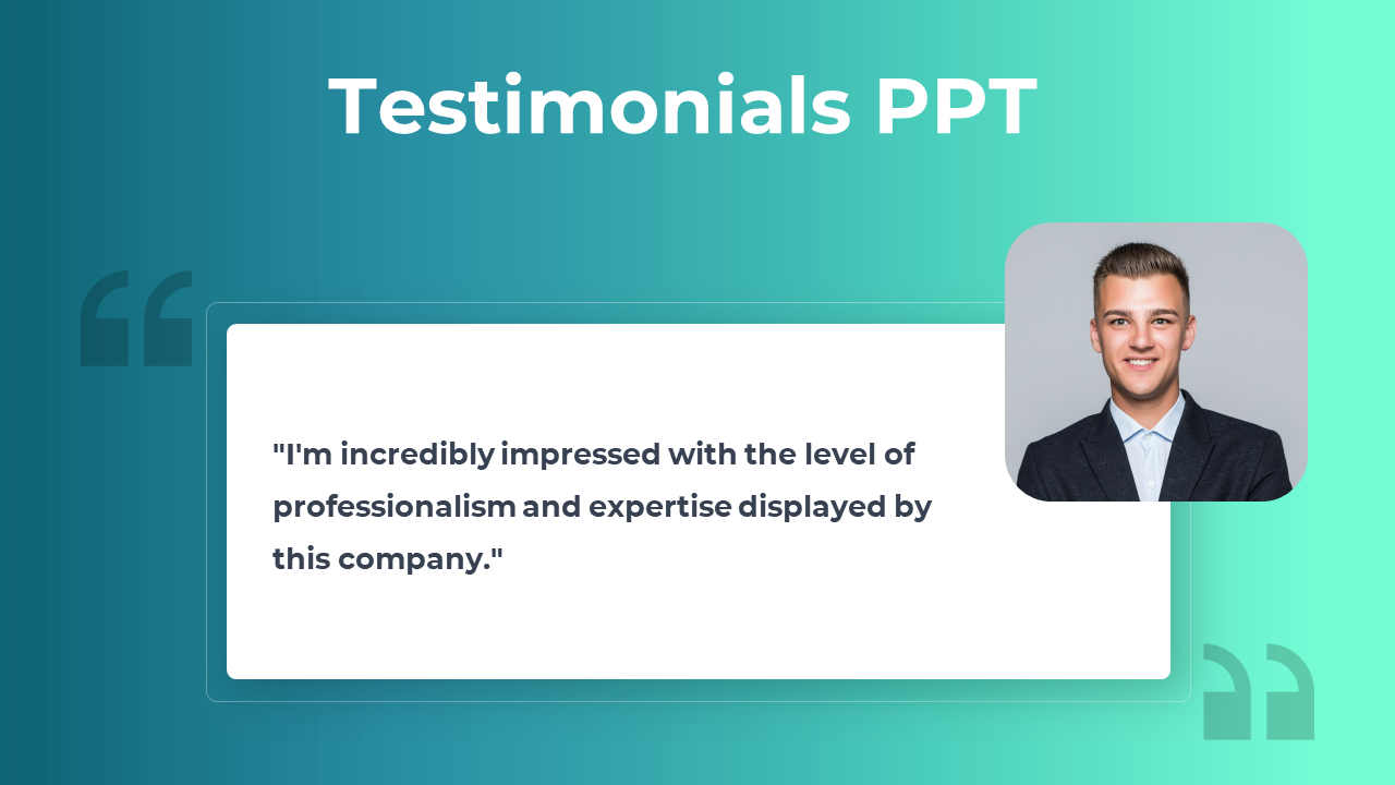 Customer testimonial template featuring a prominent quote box with a testimonial and an image of the reviewer on the right.