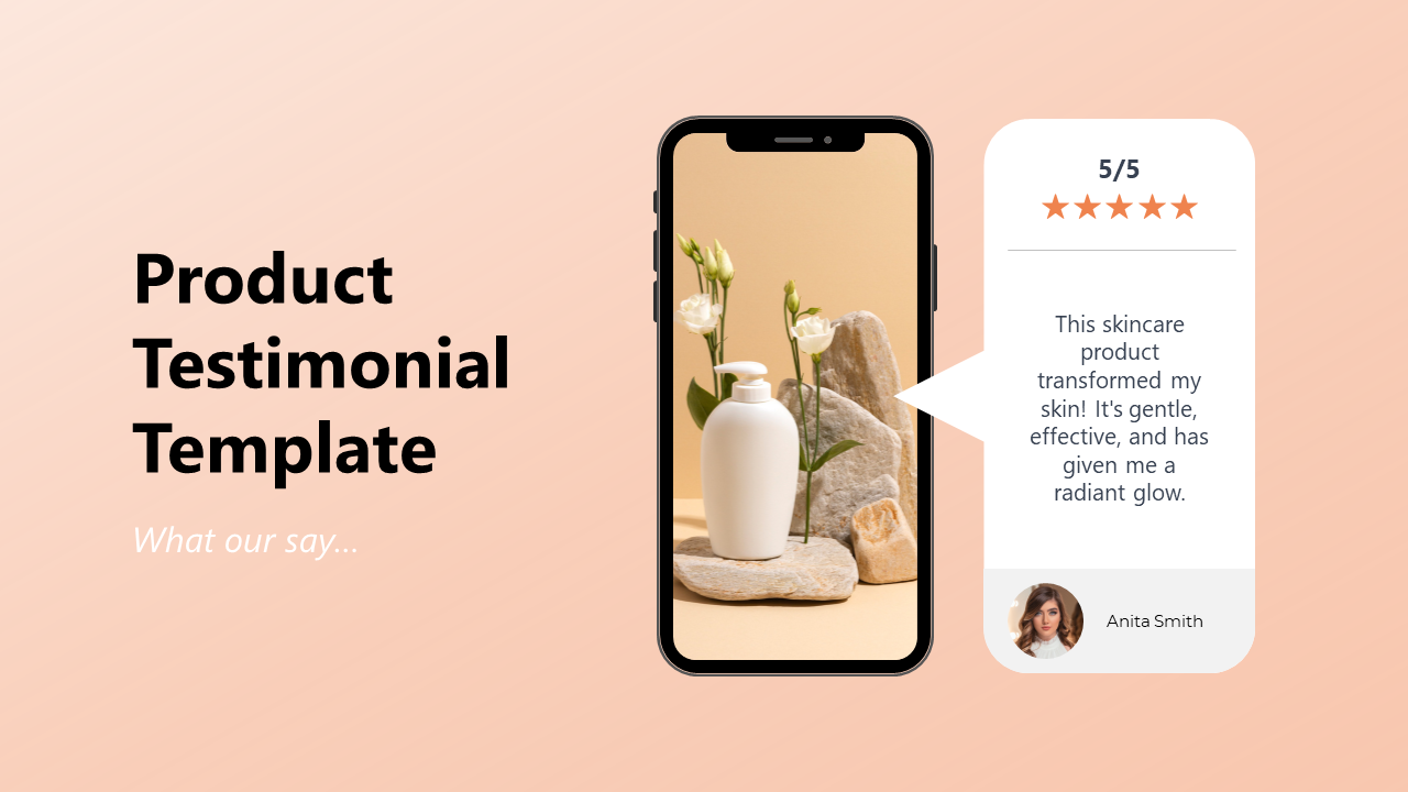 Product testimonial template with a peach backdrop, featuring a smartphone showing an image and a positive review with stars.