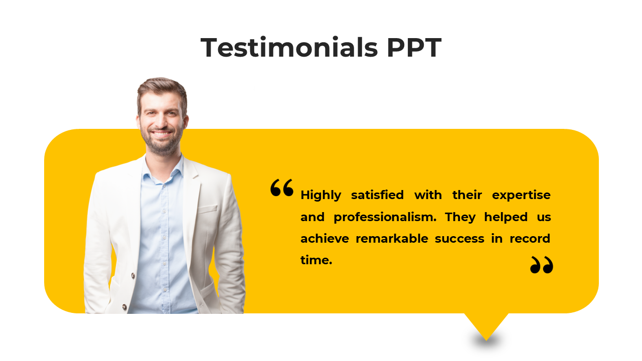 A smiling professional beside a testimonial quote praising the team's expertise and success on a yellow backdrop.