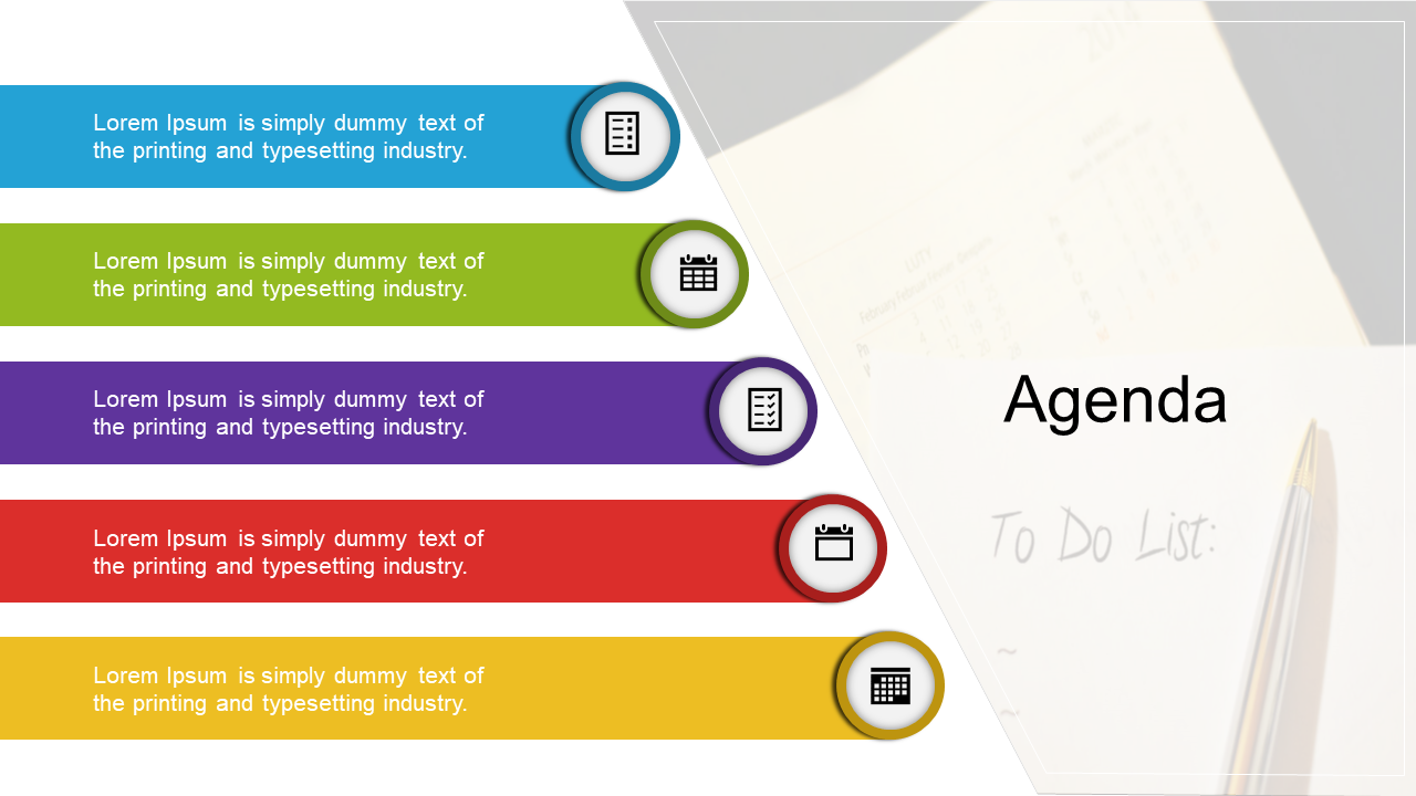 Agenda slide featuring colorful sections for topics with icons and a space for a to do list on the side.