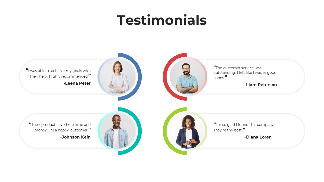 Four testimonials with round portraits in blue, red, teal, and green outlines, paired with text boxes containing quotes.