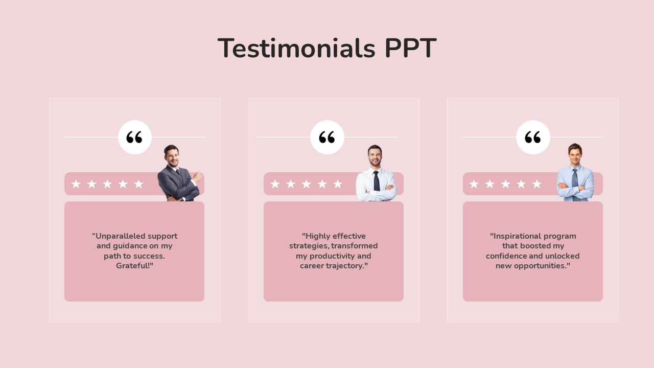 Three testimonial cards in a row featuring men with star ratings and pink quote boxes underneath.