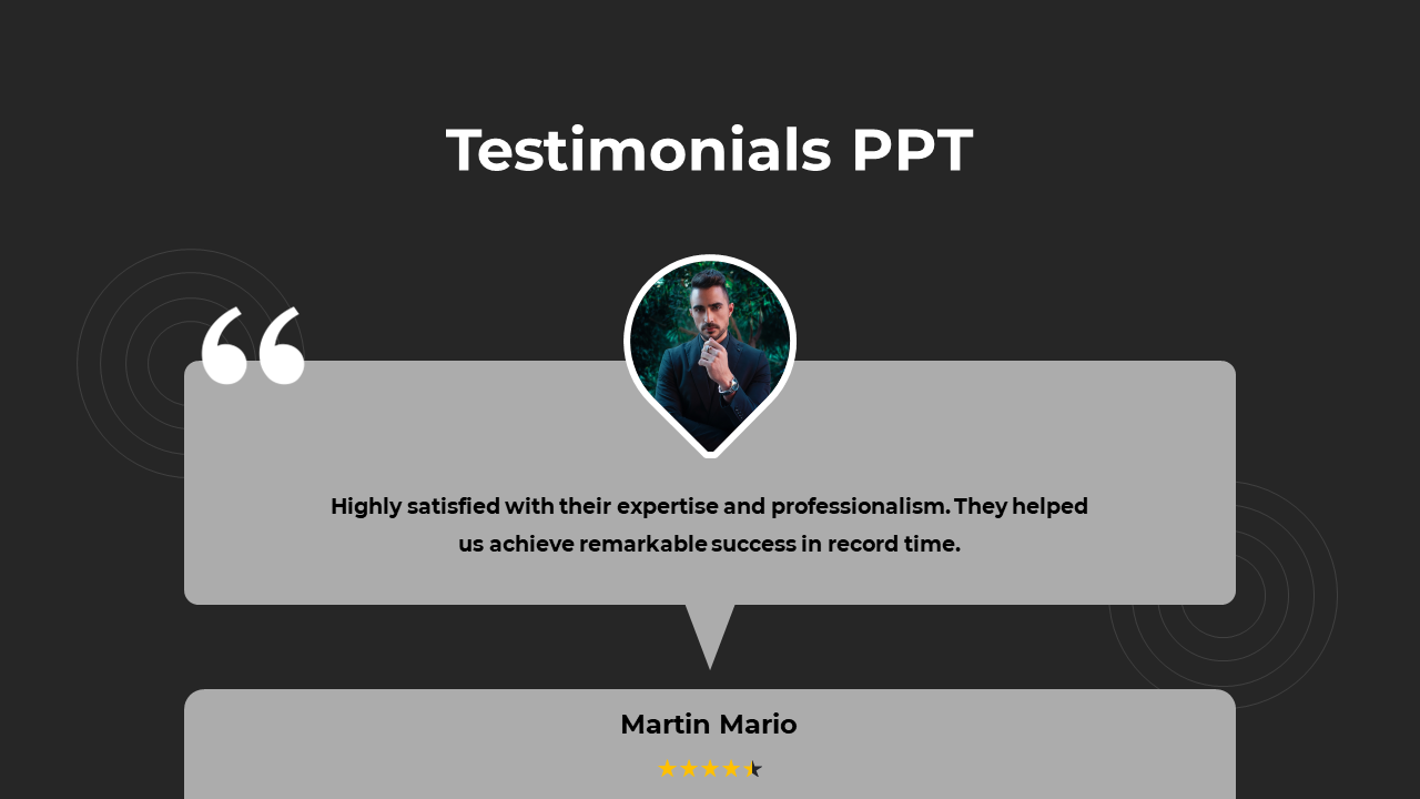 Testimonial slide with a dark background, featuring a photo of a man, a gray quote box and star ratings below.