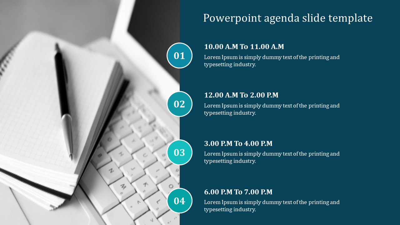 Agenda slide with four numbered circles and placeholder text, beside a black-and-white pen and notepad image on a laptop.