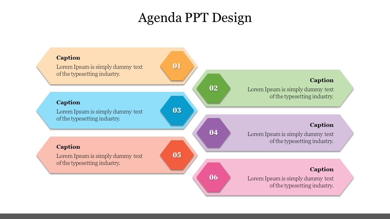 Agenda PowerPoint design with colorful hexagonal blocks for six sections, each containing a caption.