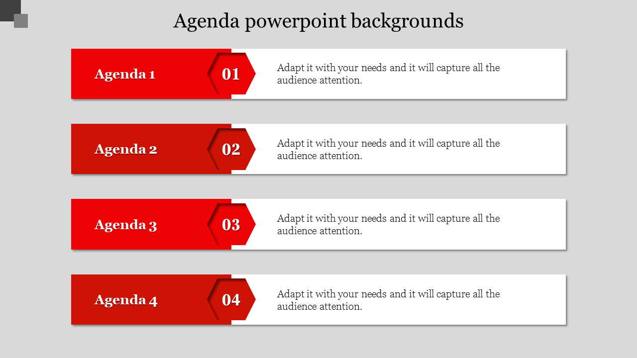 Four red and white agenda items, arranged vertically, each with a number and hexagonal detail.