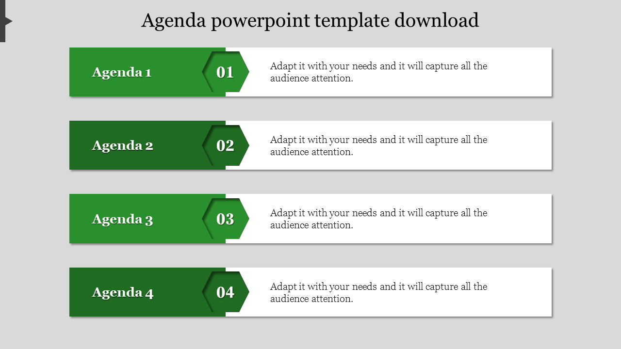 Green and white agenda PowerPoint template with four numbered sections with placeholder text.