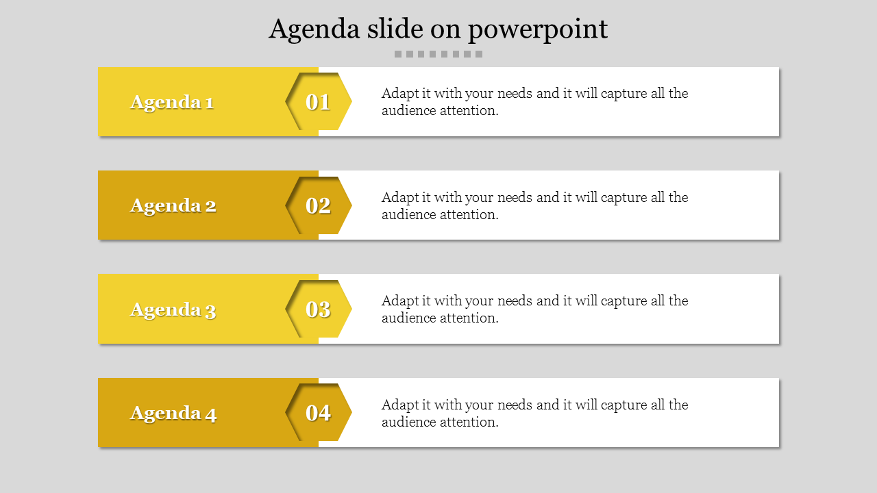 Vertical list of four yellow agenda items with hexagonal icons and corresponding numbered steps.