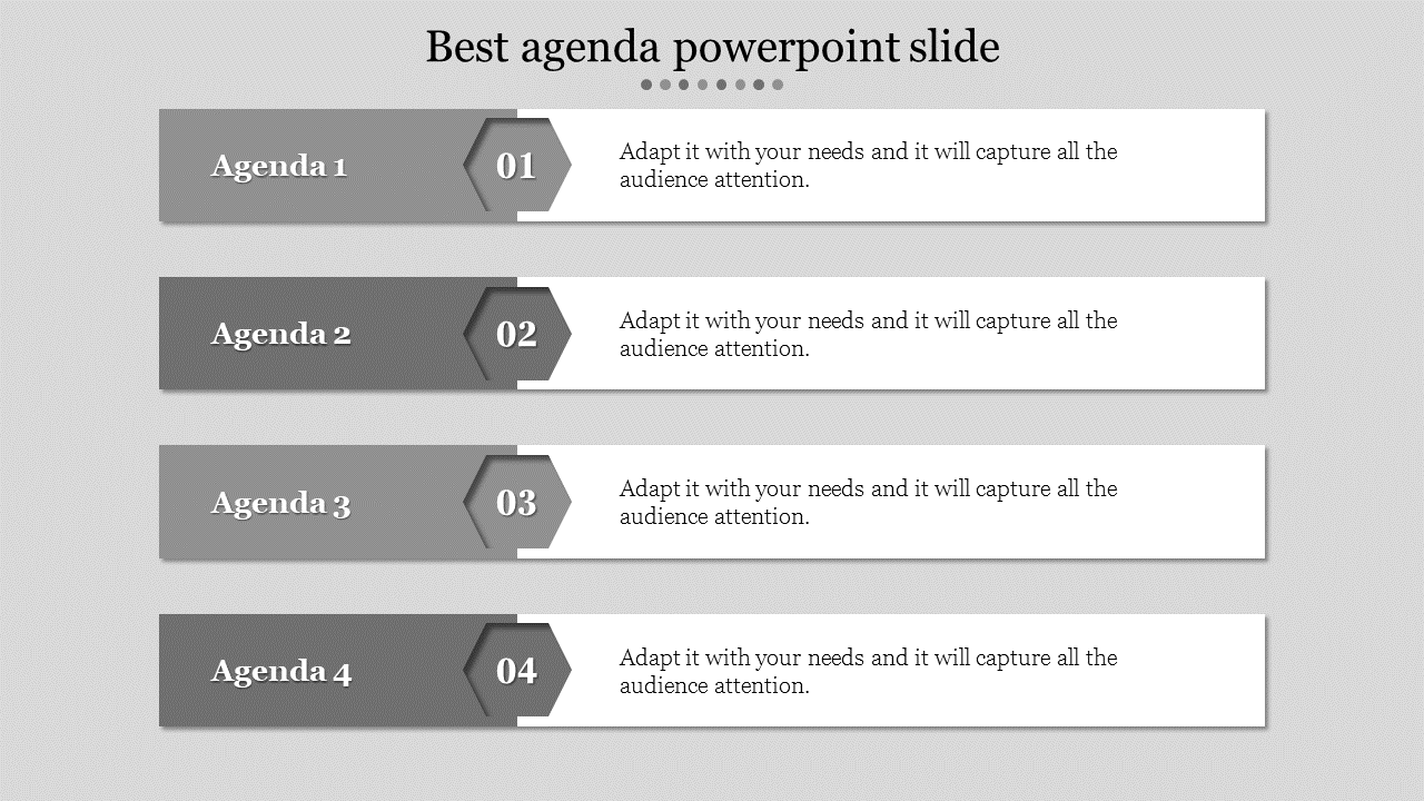 Basic agenda template with four numbered items, each with a caption area placed in a grey backdrop.