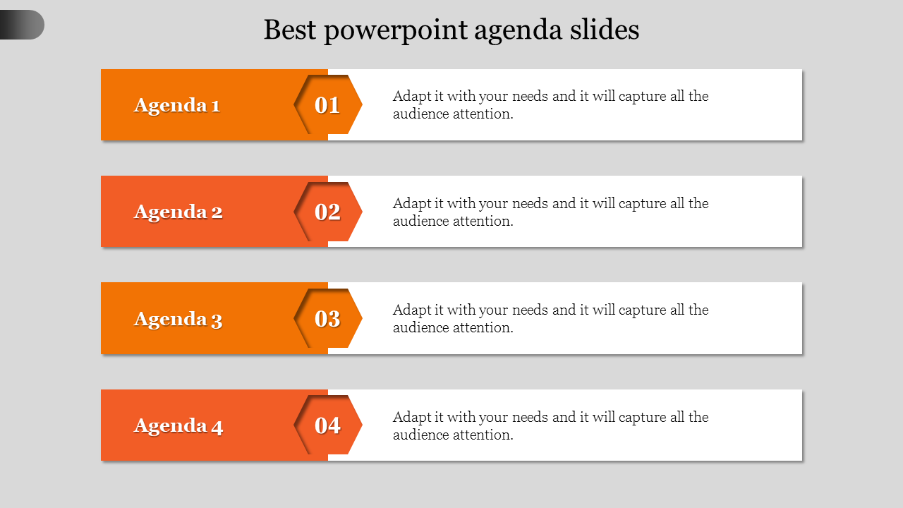 Horizontal agenda template with four sections, featuring numbered hexagons and descriptive text