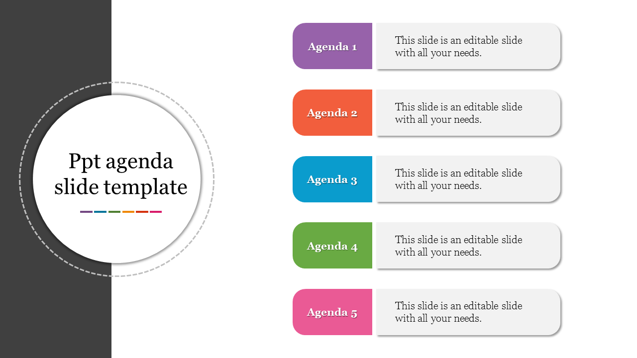 A template with a circular title on the left and five colorful agenda sections on the right, each with placeholder text.