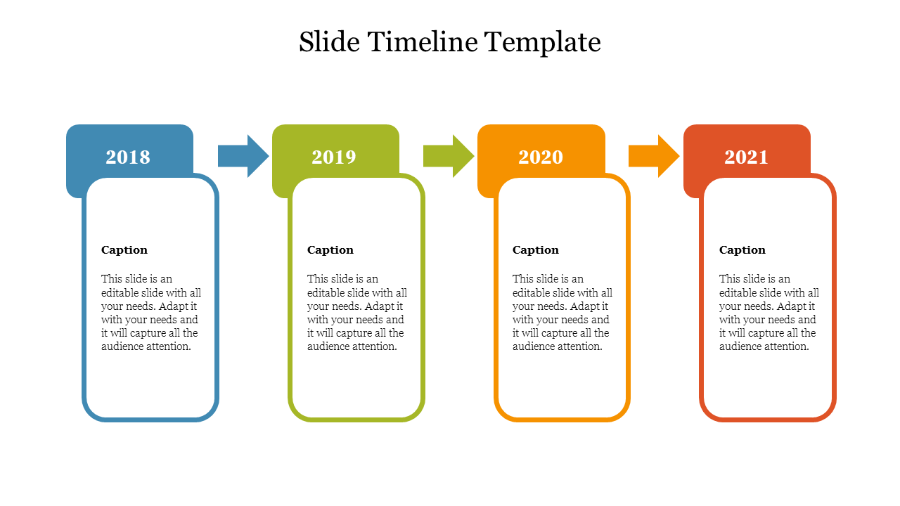 Timeline slide with four vertical boxes labeled 2018 to 2021, connected by arrows in blue, green, orange, and red.