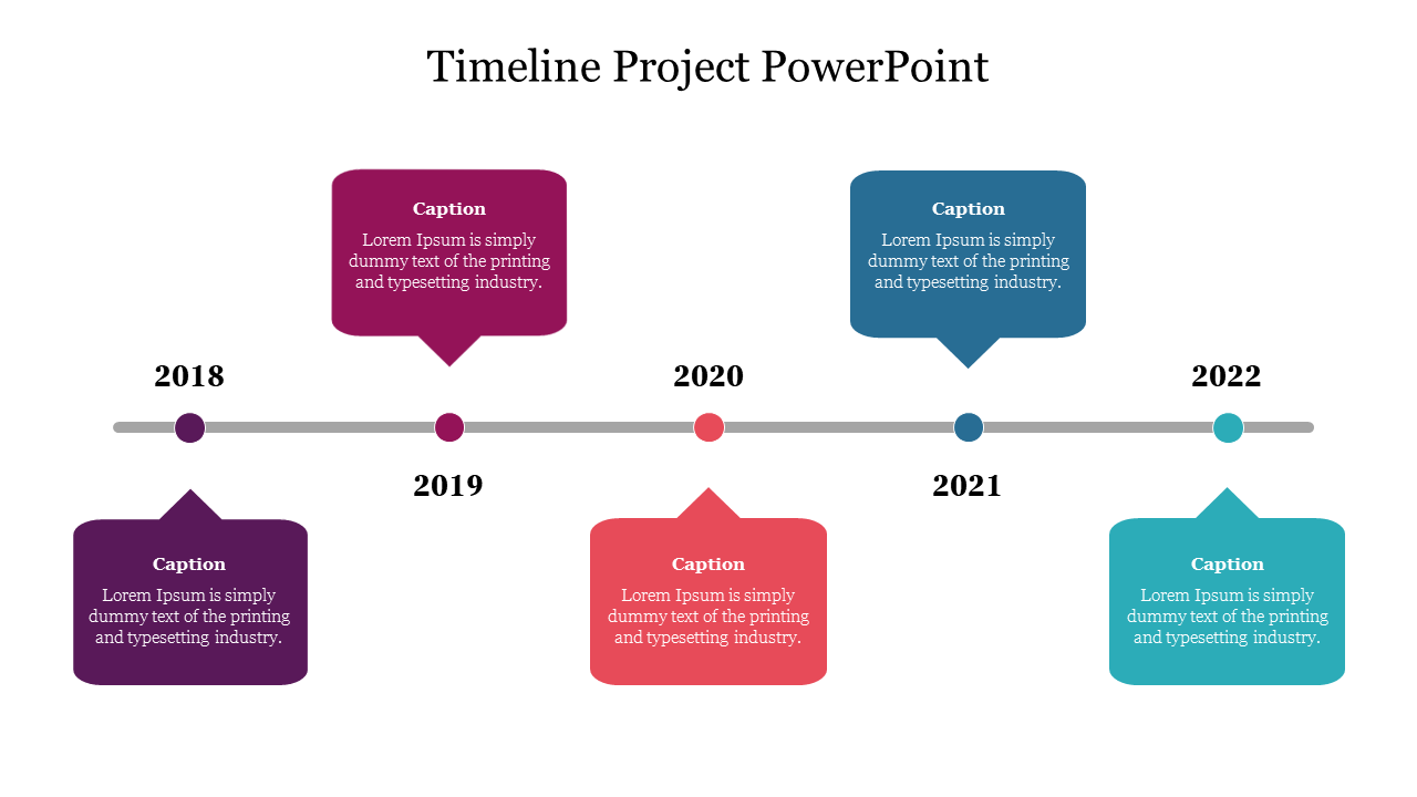 Timeline infographic spanning from 2018 to 2022, featuring colorful caption areas for each year placed in a horizontal line.