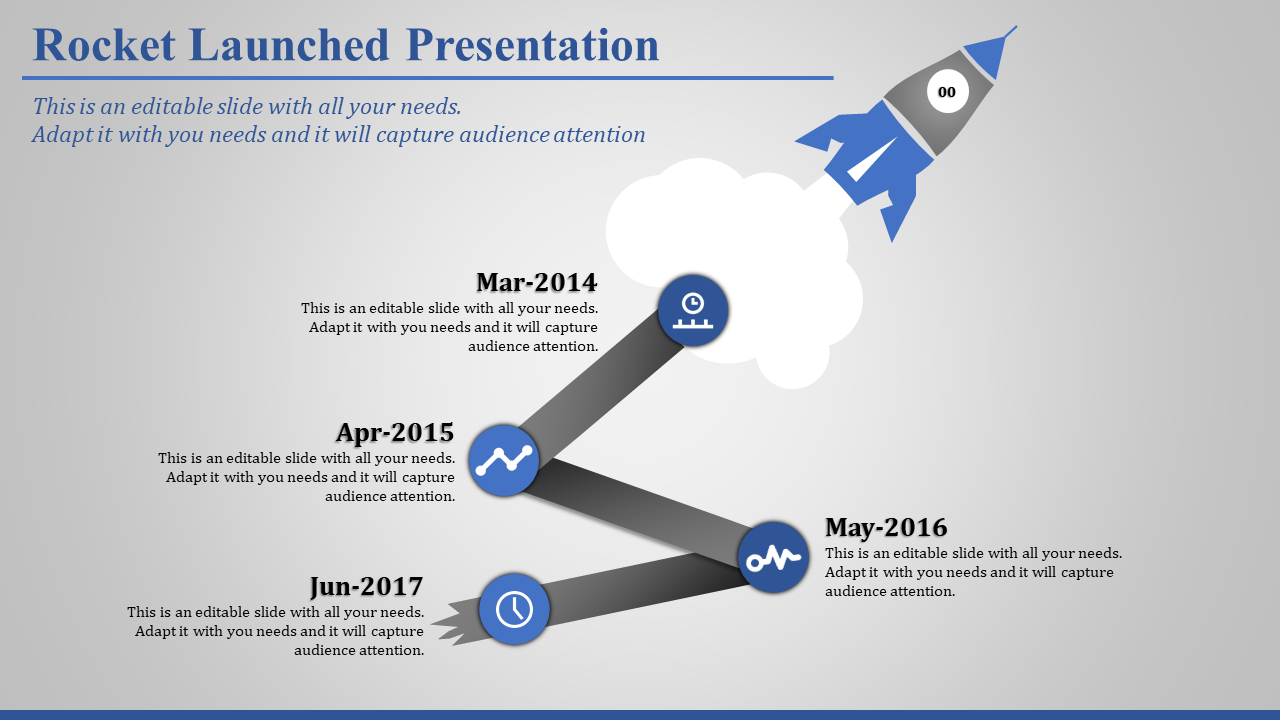 Timeline with a rocket ascending through four connected milestones, each labeled with dates and icons.