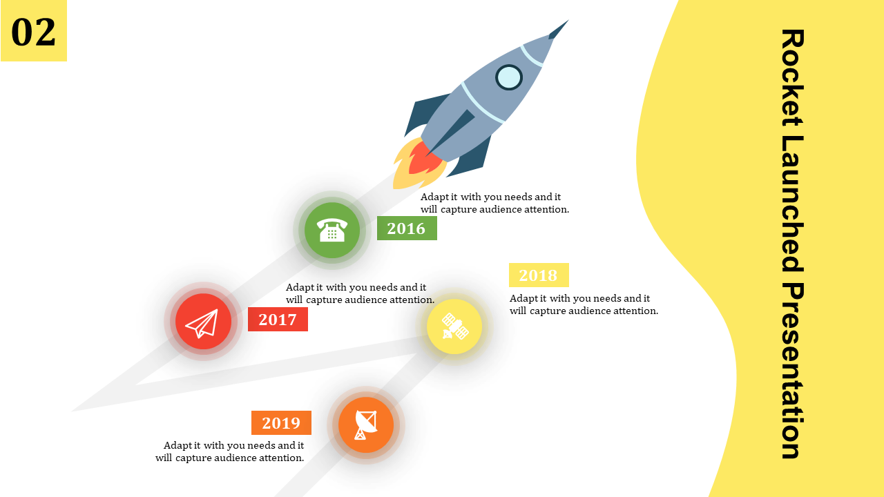 Rocket launching with a curved trail of milestones, each labeled with a year from 2016 to 2019.