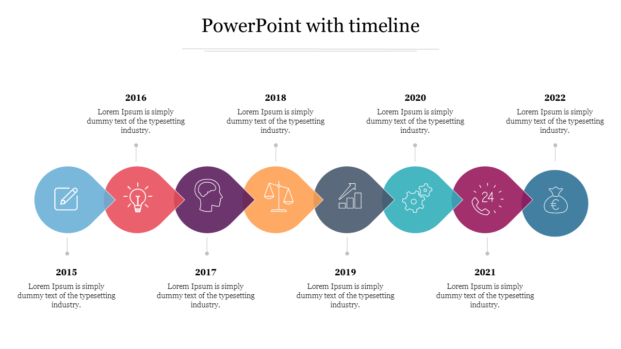 Horizontal timeline with eight colorful teardrop shapes, marking years from 2015 to 2022, each with an icon and text.