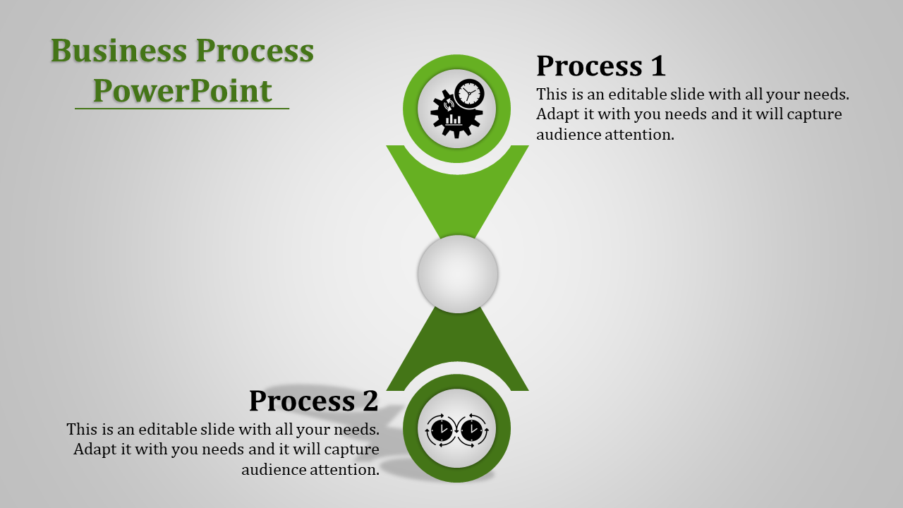 Two-step business process diagram with green circular icons connected by an hourglass shape.