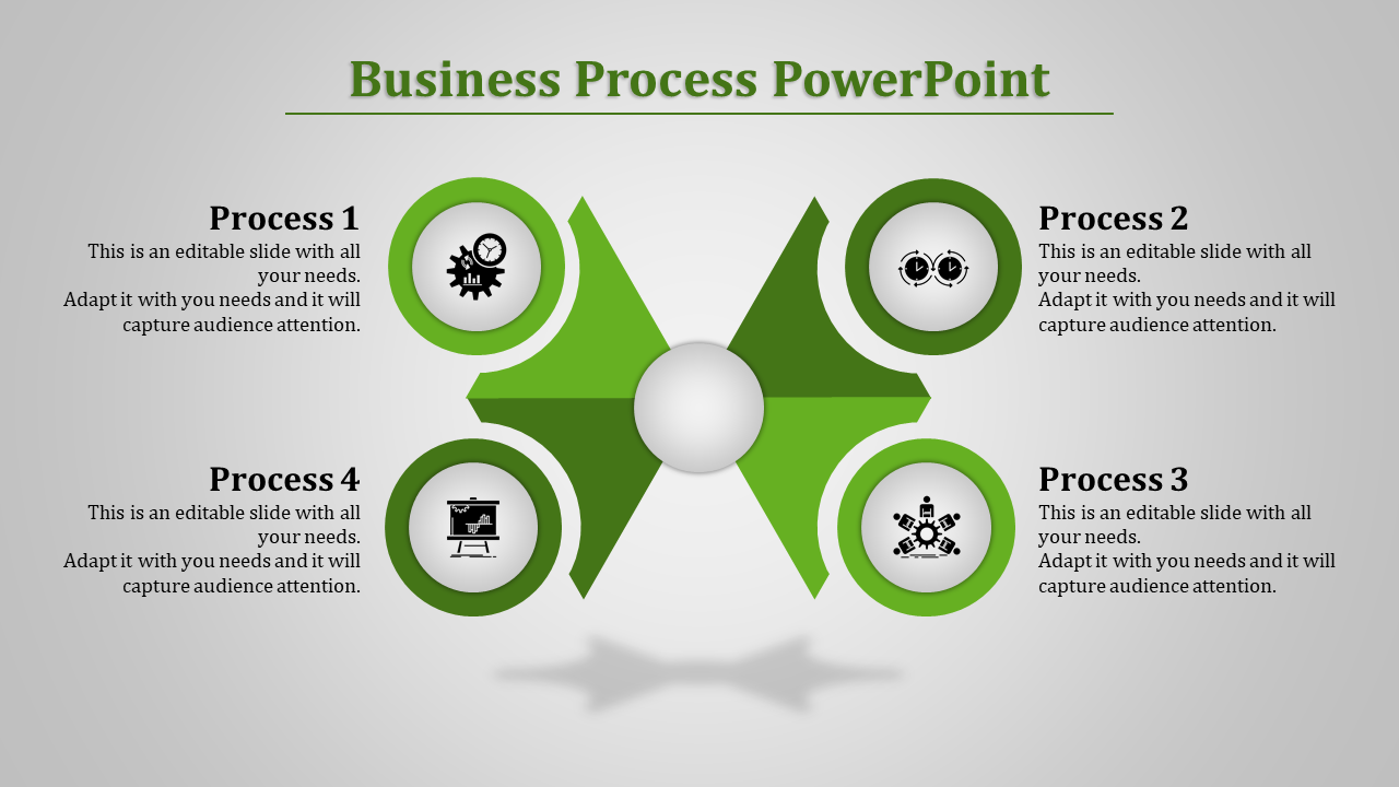 Green and white circular infographic with four processes, each labeled with icons, on a gray gradient background.