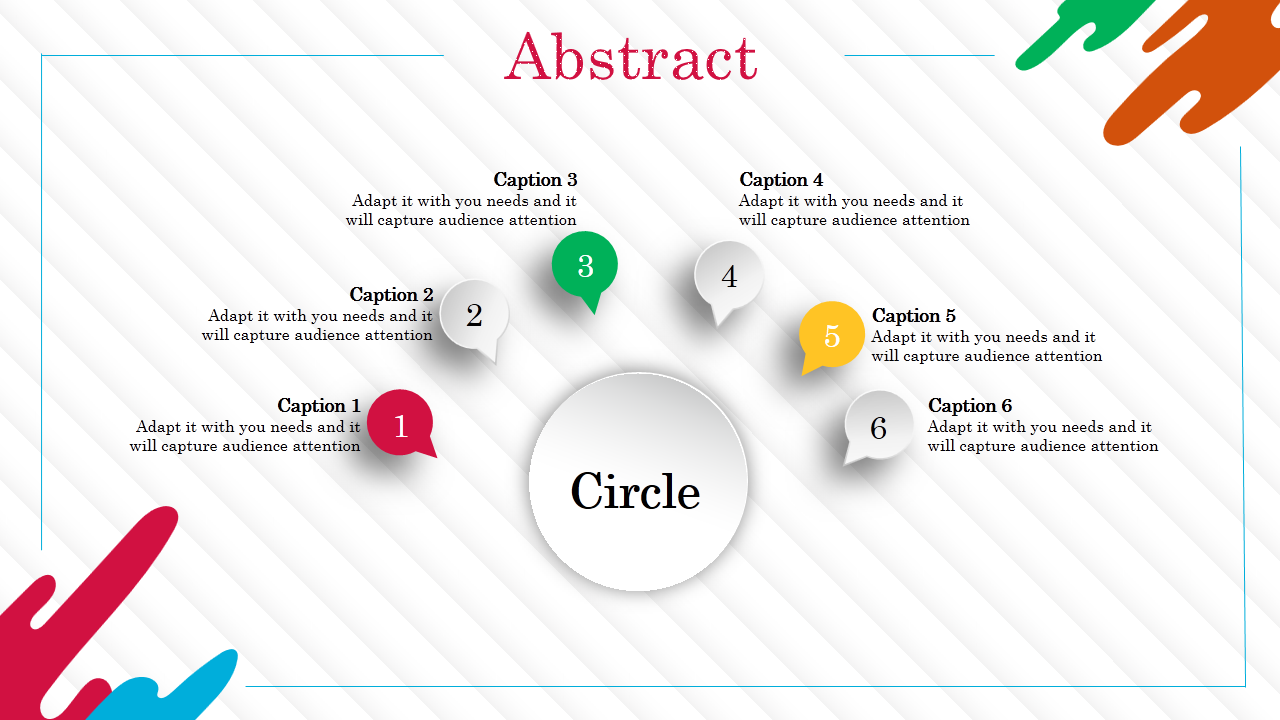 Abstract slide featuring a circular central element with six colored numbered captions arranged around it.