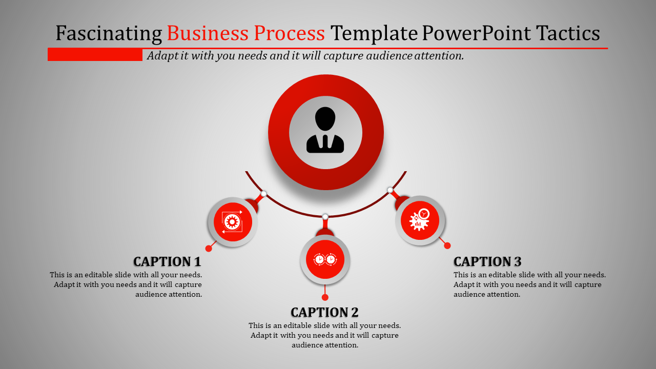 Business process diagram with a central red circle containing a person icon, branching into three red circles with icons.